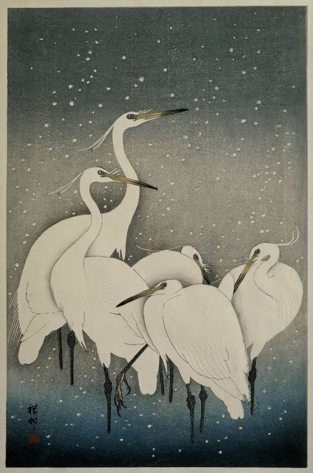 Xilogravura Group of Egrets in Snow, de Ohara Koson