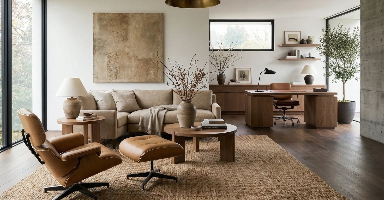 Sala de estar clara com poltrona Eames em couro caramelo com puff, sofá de linho bege, mesa de centro redonda de madeira, tapete de juta e quadro texturizado na parede