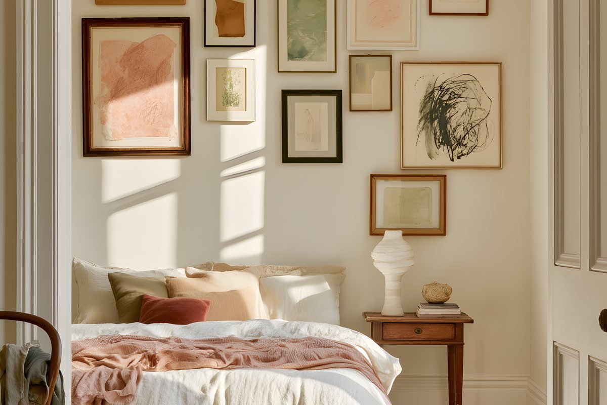 Quarto com parede de quadros pequenos em molduras diferentes, cama de linho desfeita, criado-mudo antigo com luminária de cerâmica