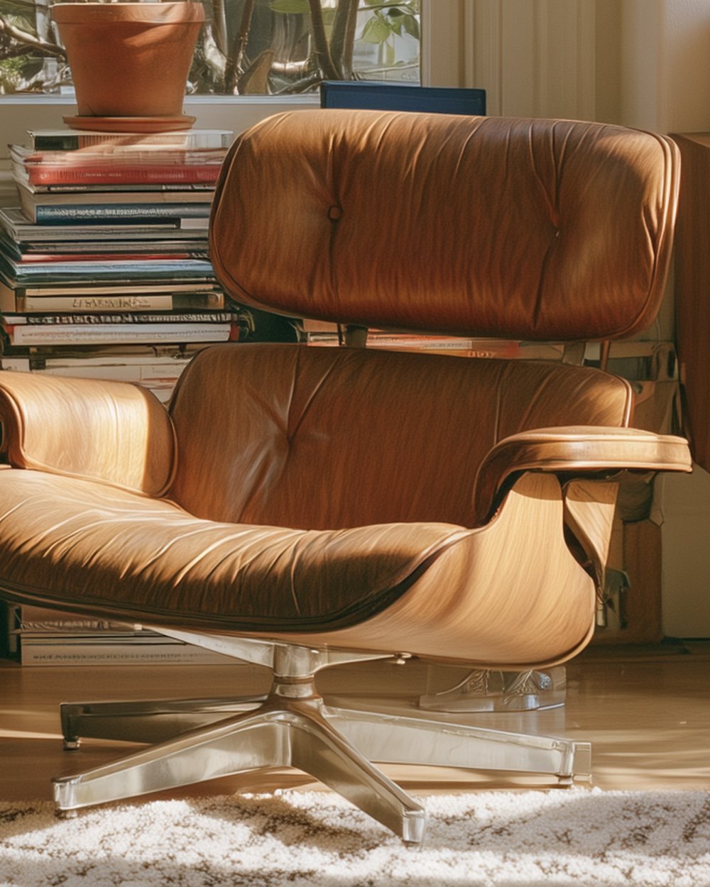 Poltrona Eames com puff ao lado de pilhas de livros e uma janela com planta