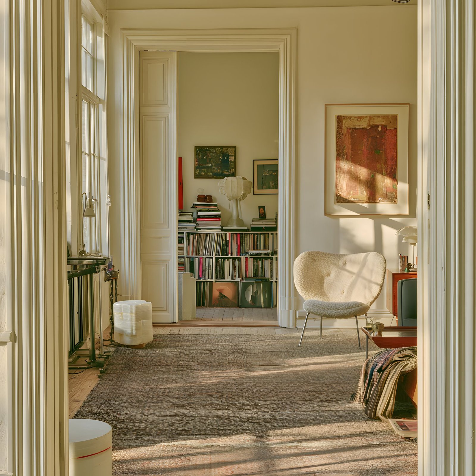 Sala vista da porta, com estante de livros ao fundo, poltrona clara e quadro vermelho na parede