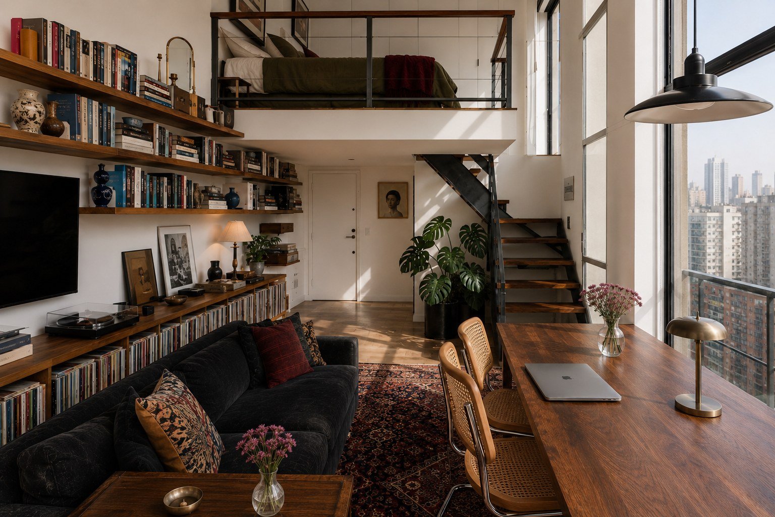 Loft pequeno com mezanino, estante de livros na parede, sofá escuro e mesa de trabalho junto à janela com vista pra cidade