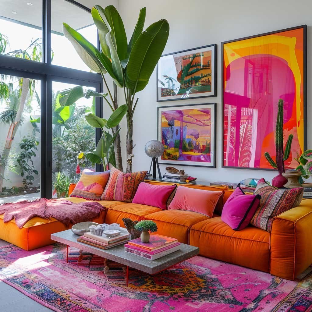 Sala colorida com sofá laranja, almofadas rosa e pink, tapete estampado e obras de arte coloridas na parede