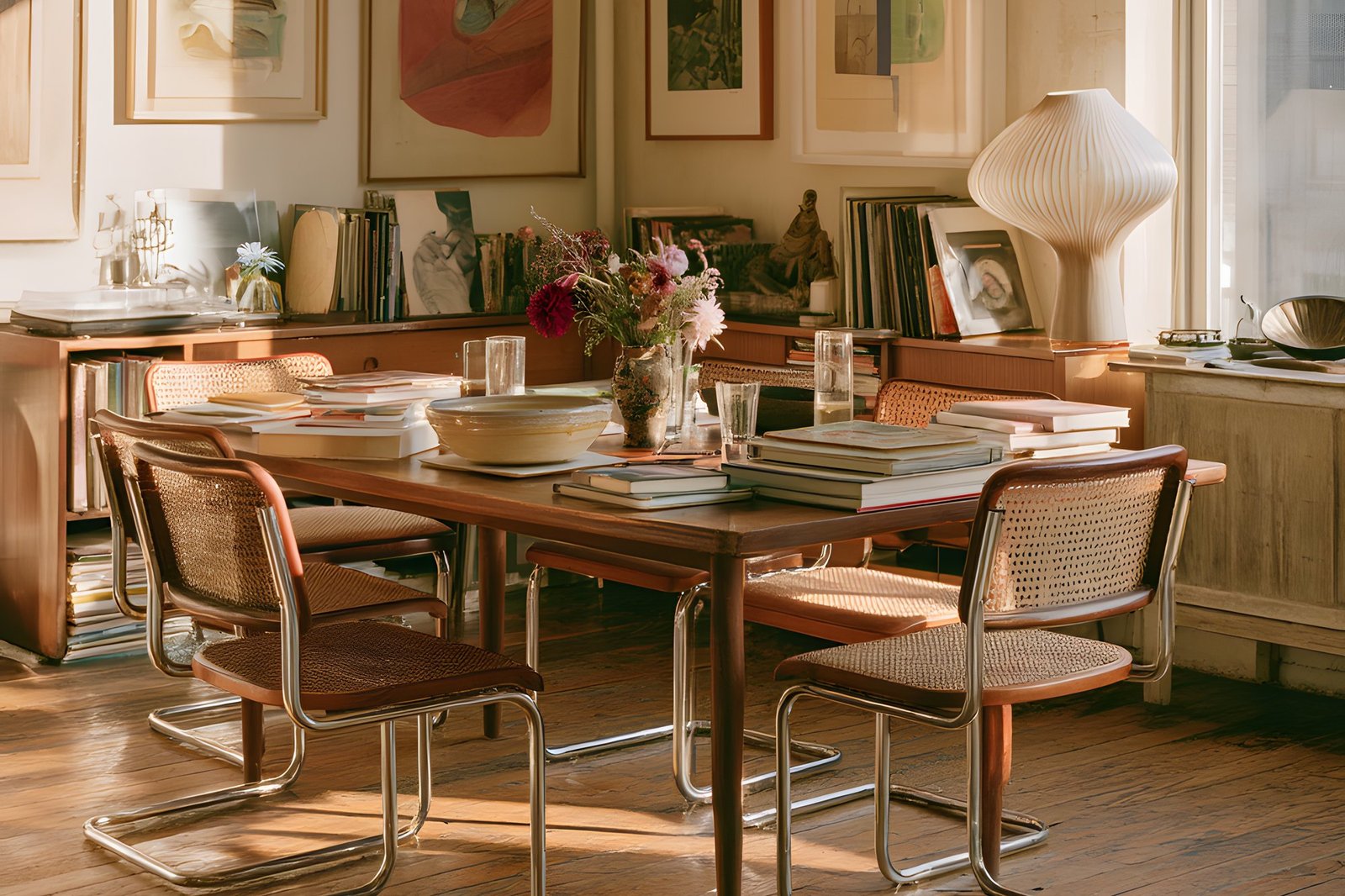Sala de jantar com cadeiras Cesca em volta da mesa, parede de quadros e luz de fim de tarde