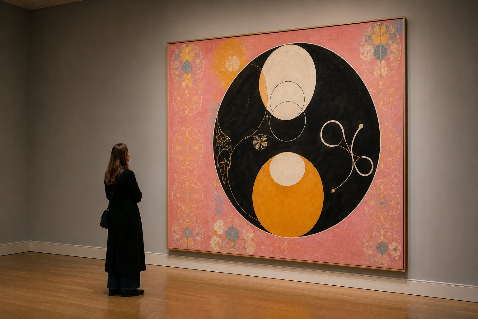 Visitante observando uma obra de Hilma af Klint da série The Ten Largest numa galeria