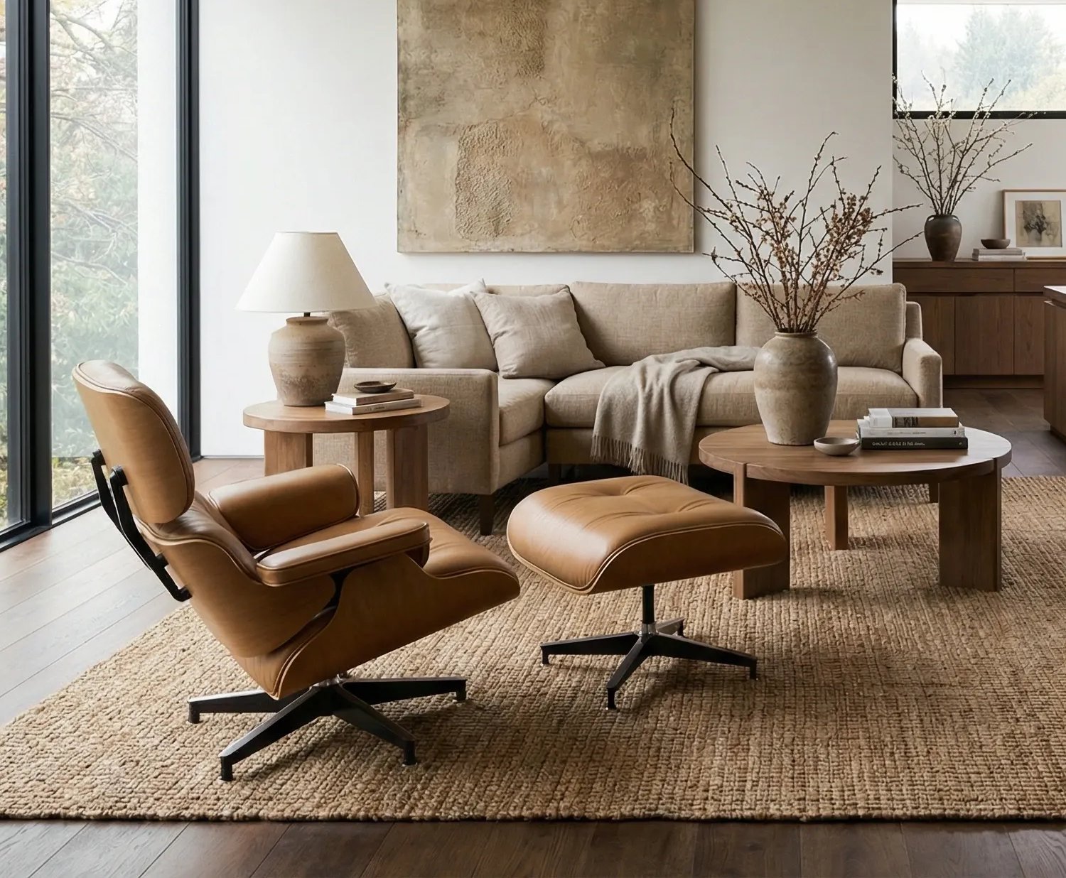 Poltrona Eames com Puff em couro caramelo, fotografada em sala clara com sofá bege, tapete de juta e quadro texturizado