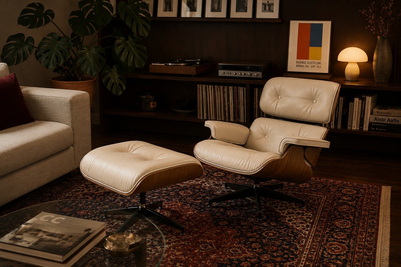 Poltrona Eames com Puff (Imbuia/Off-White) fotografada no apartamento CC | Casa e Cor, tapete persa escuro, estante de madeira ao fundo, luz noturna aconchegante
