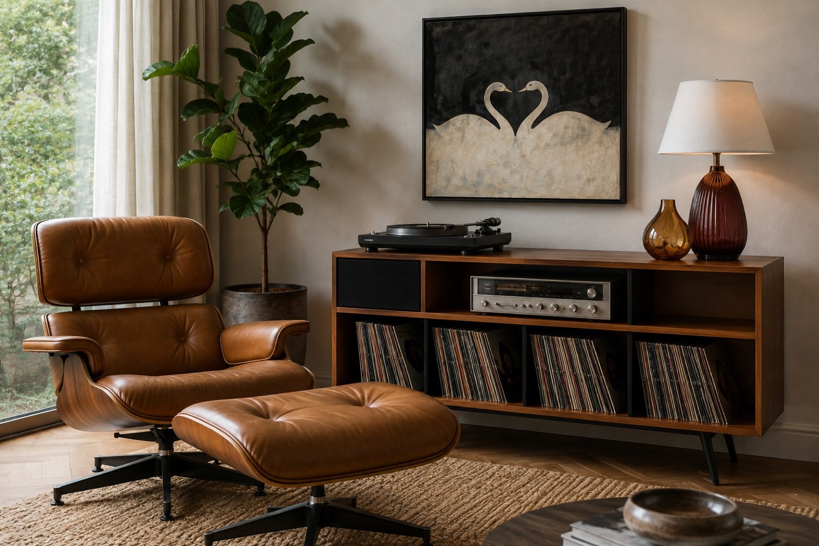 Cantinho do vinil da CC | Casa e Cor: poltrona Eames caramelo, estante de discos Gradientes, abajur e vaso de Murano, obra de Hilma af Klint na parede