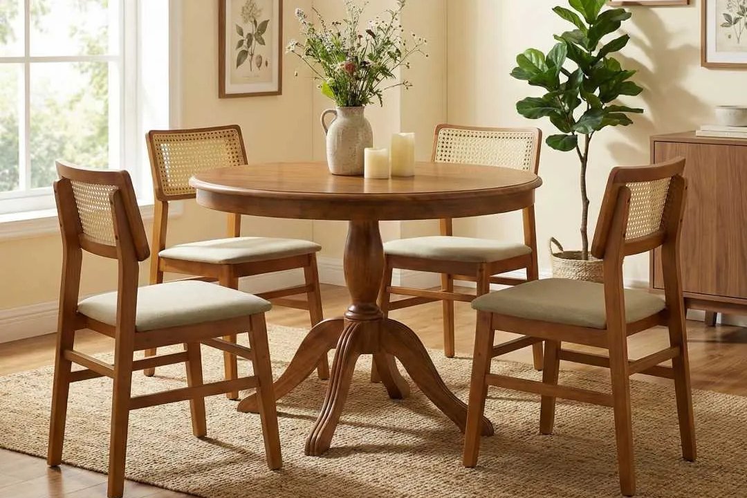 Cantinho de jantar da CC | Casa e Cor: Mesa Redonda Norah de pedestal torneado posta com vaso de flores e velas, quatro cadeiras de madeira e palhinha, tapete de juta e luz natural clara