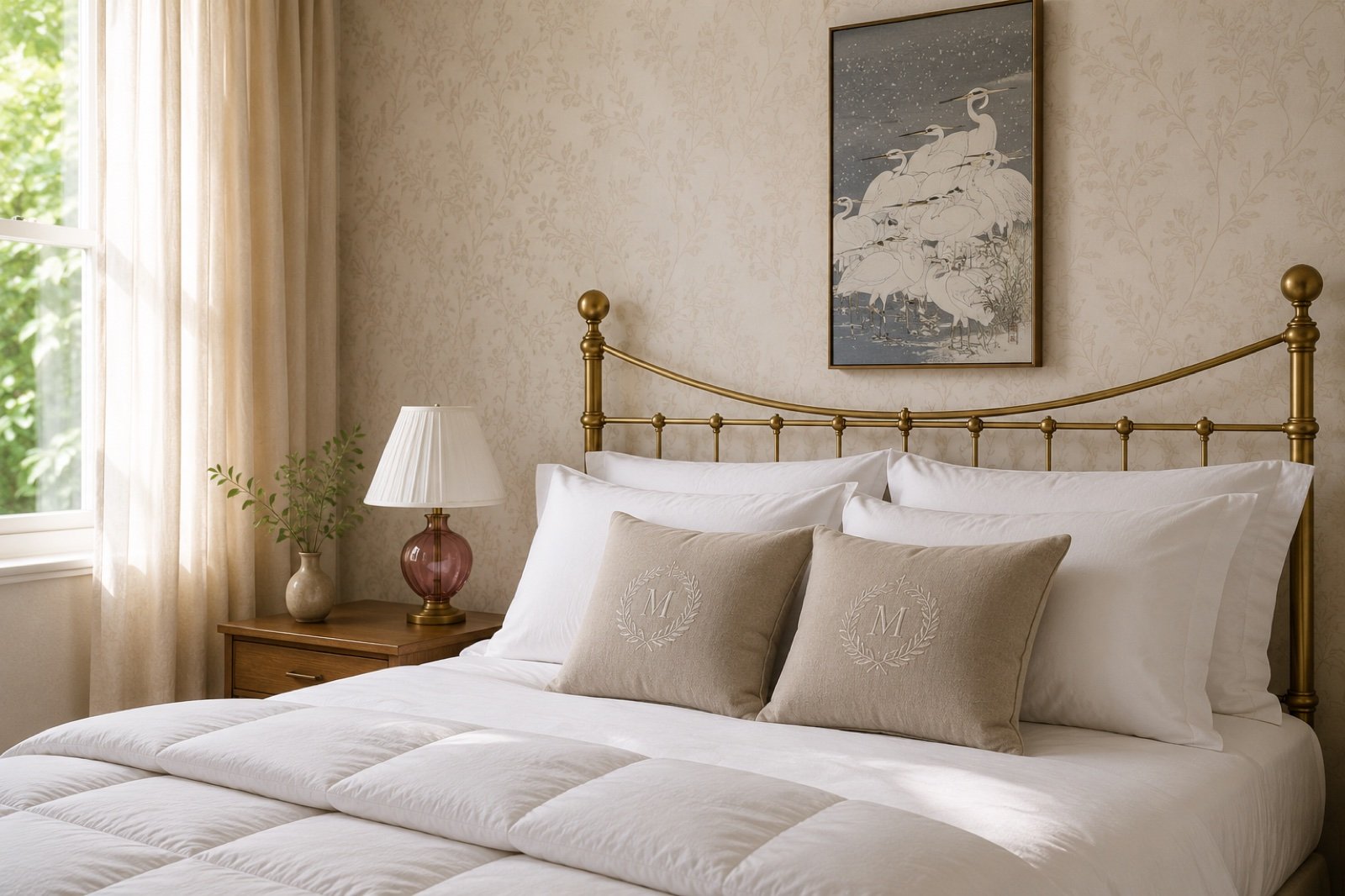 Quarto da CC | Casa e Cor: cama de cabeceira dourada vestida com jogo de cama branco e duvet, almofadas camurça bordadas, abajur de Murano rubi na mesa de cabeceira, papel de parede tom sobre tom e xilogravura de garças de Ohara Koson na parede