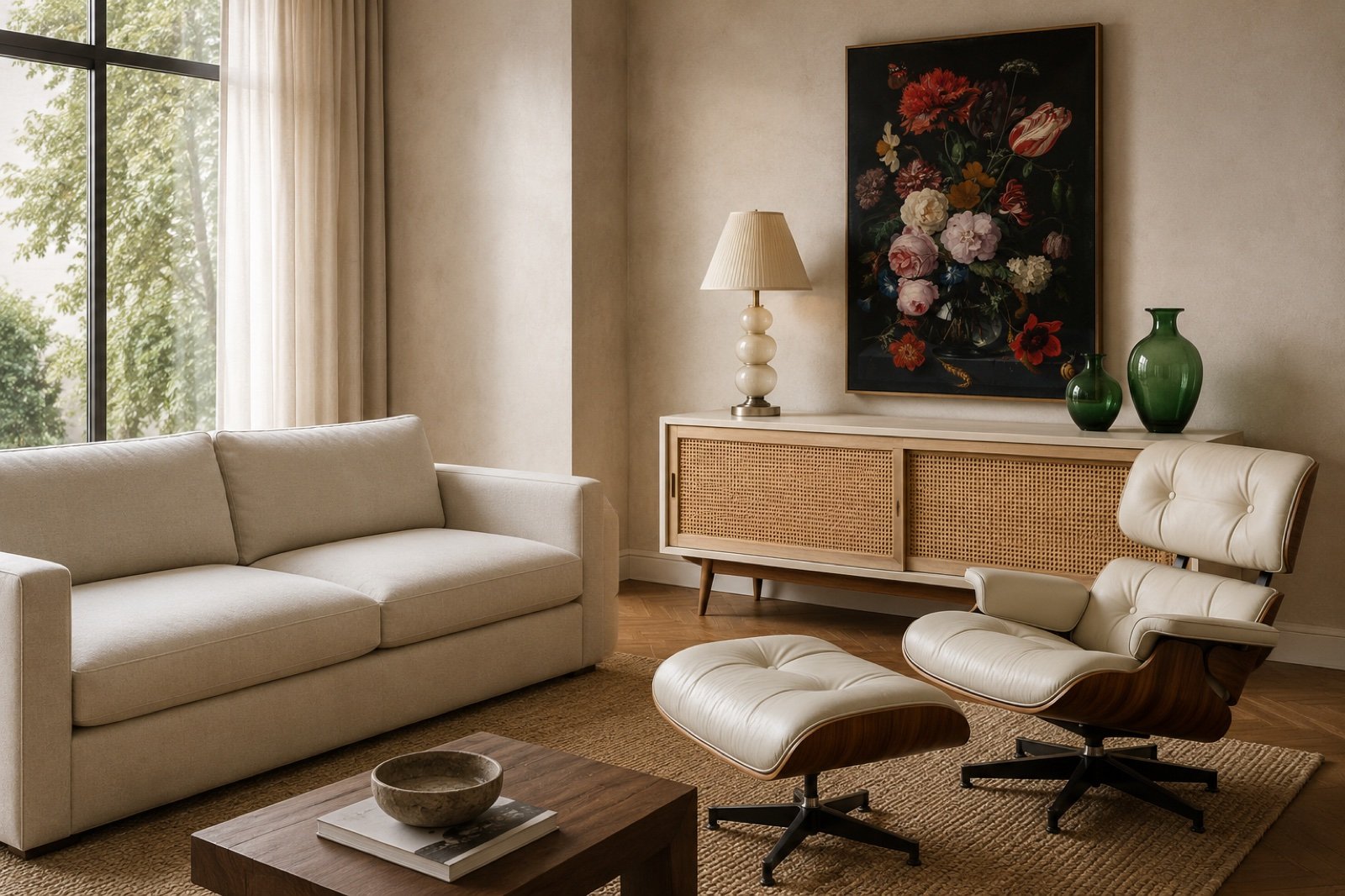 Sala de estar da CC | Casa e Cor: sofá claro de linho, poltrona Eames imbuia com couro off-white, rack com tela de rattan, abajur Murano marfim, vasos de Murano esmeralda e natureza-morta barroca na parede