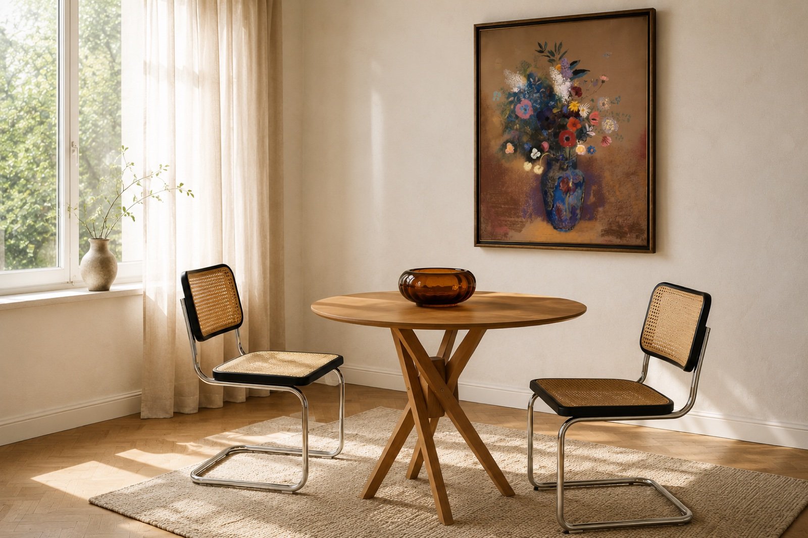 Sala de jantar da CC | Casa e Cor: mesa redonda June em freijó com duas cadeiras Cesca, cachepot de Murano âmbar como centro de mesa e natureza-morta floral de Odilon Redon na parede
